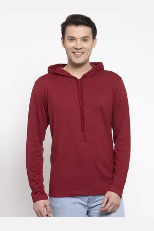 Friskers Men Maroon Solid Cotton Long Sleeves Hooded T-shirt