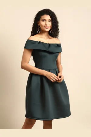 DODO & MOA Women Green Solid Off Shoulder Pleated A-Line Dress