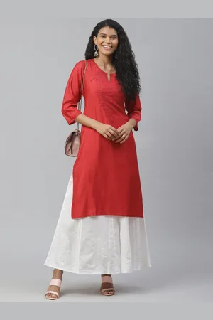 akheri Women Red Silk Chikankari Yoke Design Straight Kurta