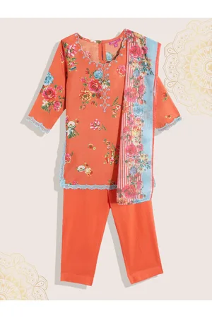 Biba Girls Orange & Blue Floral Printed Straight Kurta with Trousers & With Dupatta