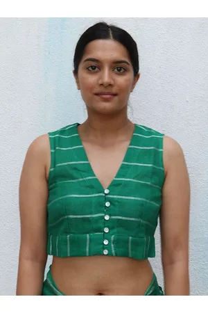 Chidiyaa Women Green & White Striped Saree Blouse