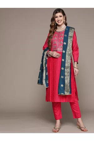Ishin Women Coral Red Ethnic Motifs Embroidered Gotta Patti Kurta with Trousers & Dupatta