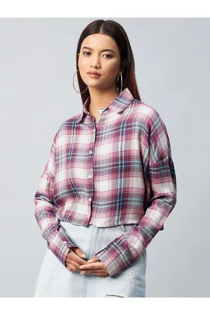 Chimpaaanzee Women Multicoloured Oversized Oversized Tartan Checked Crop Casual Shirt