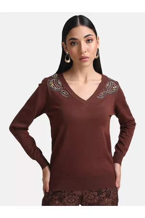Kazo Women Brown Embroidered Pullover