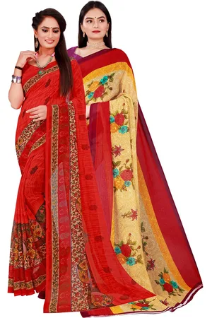 Kalini Pack Of 2 Women Beige & Red Printed Pure Georgette Saree With Unstitched Blouse