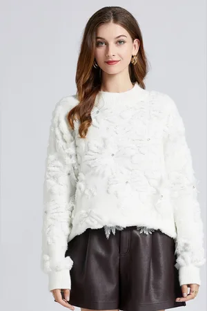 JC Collection Women White Floral Pullover