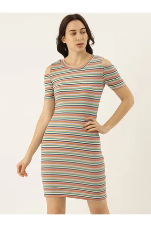 Campus Women Lavender & Orange Striped Cold-Shoulder Cotton Sheath Dress