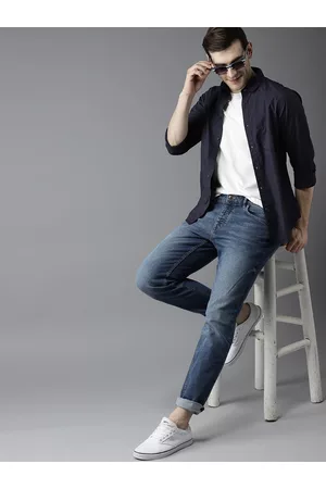 Dennis Lingo Men Navy Blue Slim Fit Solid Casual Shirt