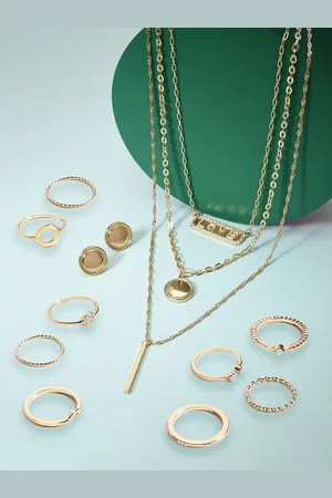 Ami Gold Tone Contemporary Layered Necklace & Earring With Finger Ring Set