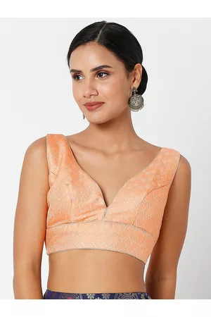 SALWAR STUDIO Women Peach Self Design Brocade Saree Blouse