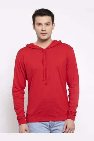 Friskers Men Red Solid Pure Cotton Hooded T-shirt