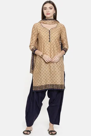 Rajnandini Beige & Navy Blue Cotton Blend Unstitched Dress Material