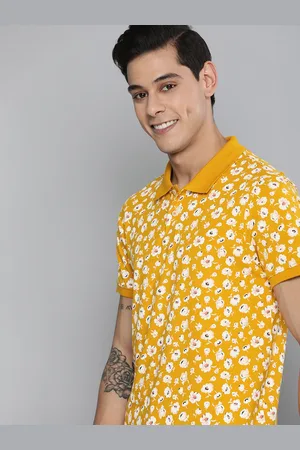 Mast & Harbour Men Mustard Yellow & White Floral Printed Polo Collar Pure Cotton T-shirt