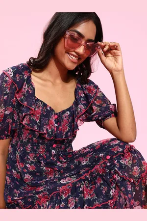 Antheaa Navy Blue Floral Chiffon Dress