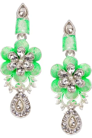 ANIKAS CREATION Fluorescent Green & Silver-Plated Enamelled Classic Drop Earrings
