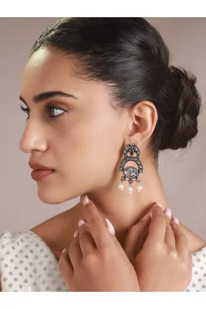 Priyaasi Silver-Plated & White Pearl Studded Oxidised Drop Earrings