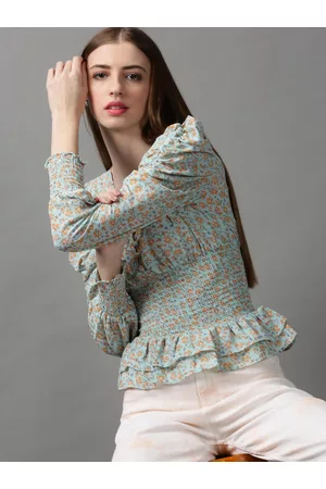 SHOWOFF Women Sea Green & Orange Floral Printed V-Neck Georgette Peplum Top