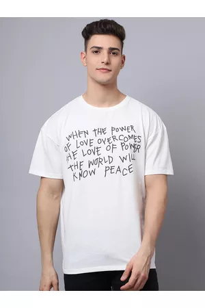 DOOR74 Men Off White Typography Printed Loose T-shirt