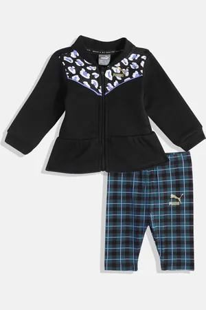 PUMA Infant Black Printed Peplum Top with Blue Checked Trousers
