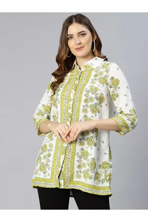 Oxolloxo Women Green & White Shirt Collar Printed Tunic