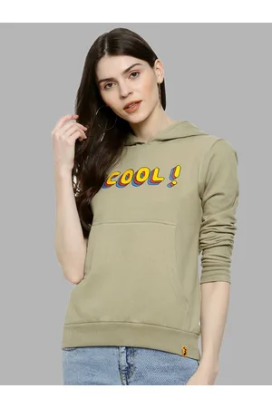 Campus Women Olive Green Printed Hooded Pullover Sweatshirt