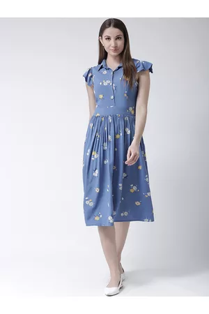KASSUALLY Women Blue & White Floral Print A-Line Dress