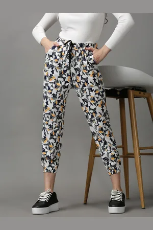 SHOWOFF Women White Floral Printed Cotton Joggers Trousers