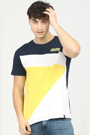 LocoMotive Men White & Yellow Slim Fit Cotton T-shirt