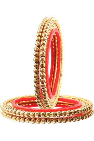 Jewar Mandi Set Of 4 Gold-Plated Red Beaded Traditional Bangles
