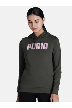 PUMA Women Olive Green Printed Hooded Regular Fit Sweatshirt