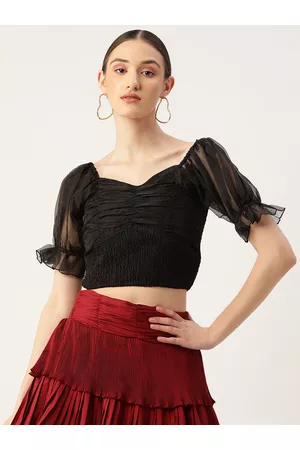 Antheaa Black Solid Smocked Net Crop Top