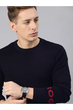 WROGN Men Navy Blue Slim Fit Solid Pullover Sweater with Print