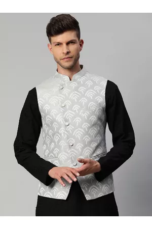 MANQ Men Grey & White Woven Design Nehru Jacket