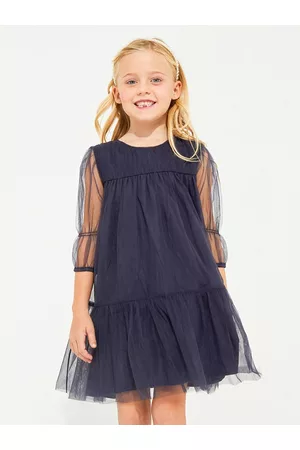 Cherry Crumble Girls Navy Blue Solid Round Neck Net A-Line Dress
