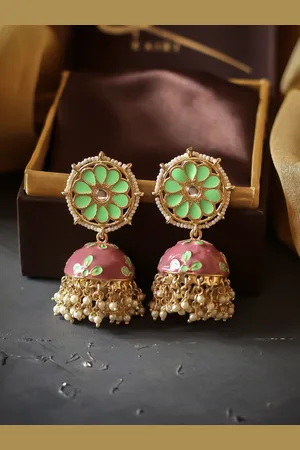 Bellofox Green & Pink Geometric Jhumkas Earrings