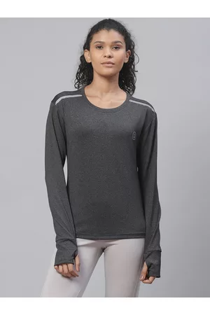 CHKOKKO Women Charcoal Grey Solid Round Neck Yoga T-shirt