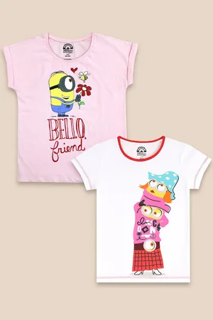 Kidsville Girls Pack Of 2 White & Pink Minions Printed Pure Cotton T-shirt