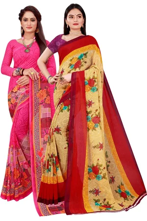 Kalini Pack Of 2 Women Beige & Pink Printed Pure Georgette Saree With Unstitched Blouse
