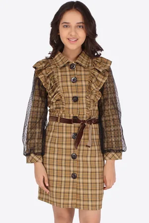 CUTECUMBER Girls Mustard Yellow Checked Net Shirt Dress