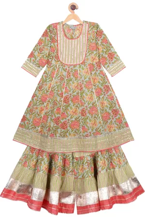 Ka-mee Girls Sea Green Ethnic Motifs Printed Gotta Patti Pure Cotton Kurta with Sharara