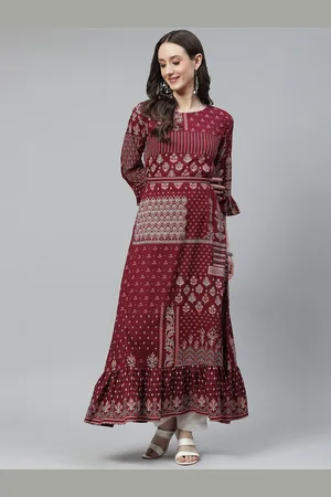 Divena World Women Maroon & White Ethnic Motifs Printed Kurta