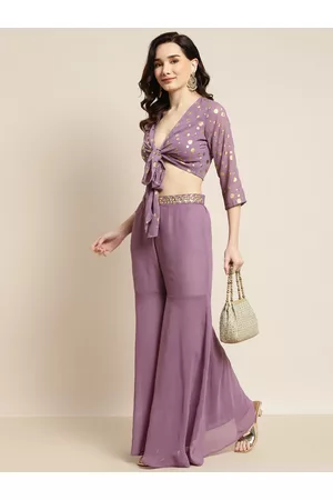 Sassafras Women Purple Geometric Printed Wrap Top with Sharara