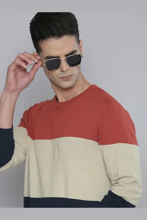 Flying Machine Men Rust Brown & Navy Blue Colourblocked Pure Cotton Knitted Pullover