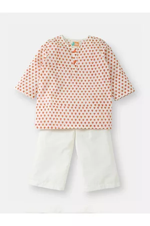 THE BABY LABEL Unisex Kids Orange & White Hand-Block Hearts Print Pure Cotton Kurta with Pyjamas