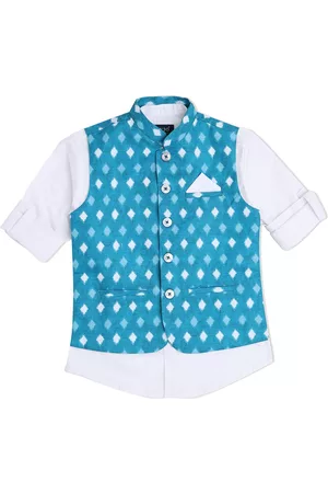 CAVIO Boys Turquoise Blue Woven Design Nehru Jacket
