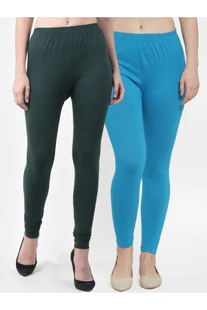 Jinfo Women Pack Of 2 Green & Turquoise Blue Solid Ankle Length Leggings