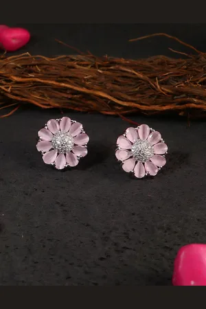 Adwitiya Collection Pink & Silver-Plated Classic Flower Studs Earrings