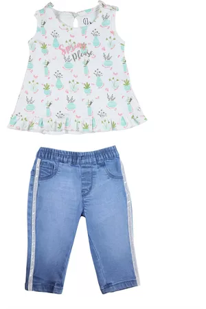 Gini and Jony Girls White & Blue Printed T-shirt with Trouser