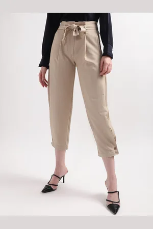 CENTRESTAGE Women Beige Striped Pleated Cropped Trousers