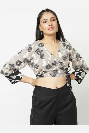 Fabindia Grey Floral Printed Linen Wrap Crop Top